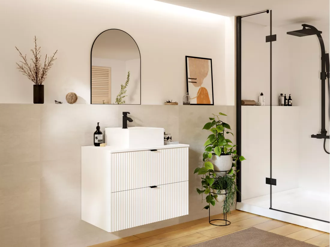 Meuble sous vasque suspendu strié avec planche - Blanc mat - 80 cm - ZEVINI