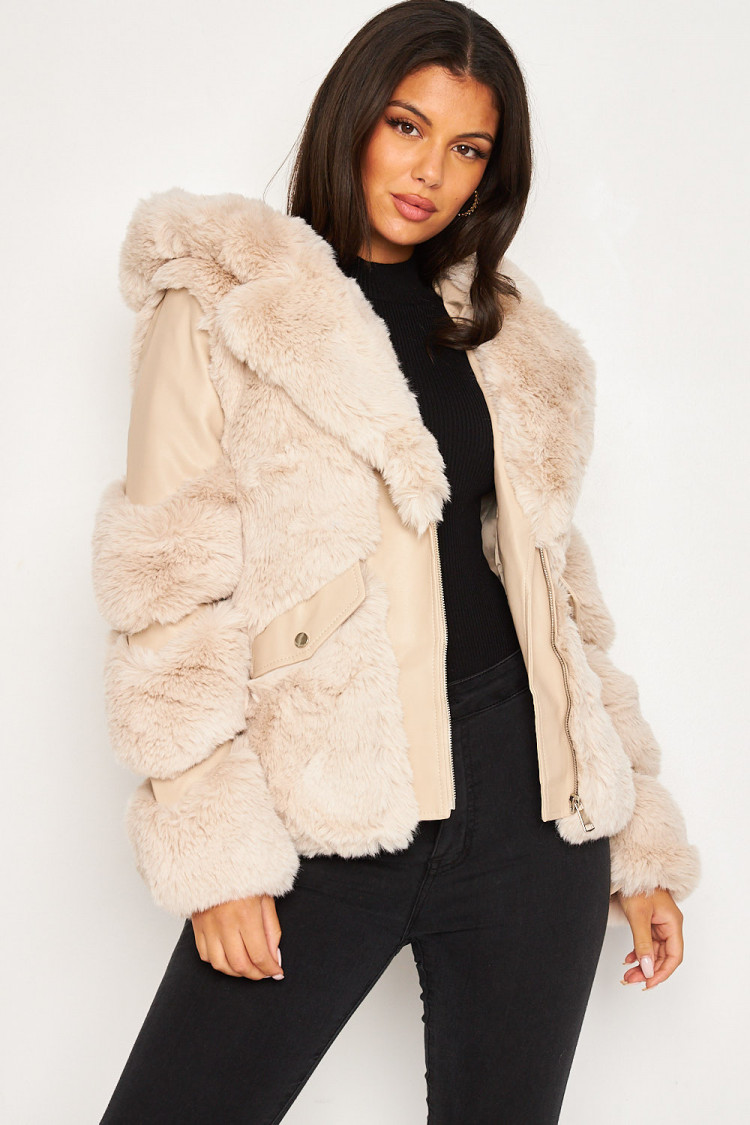 Veste beige simili cuir et fausse fourrure