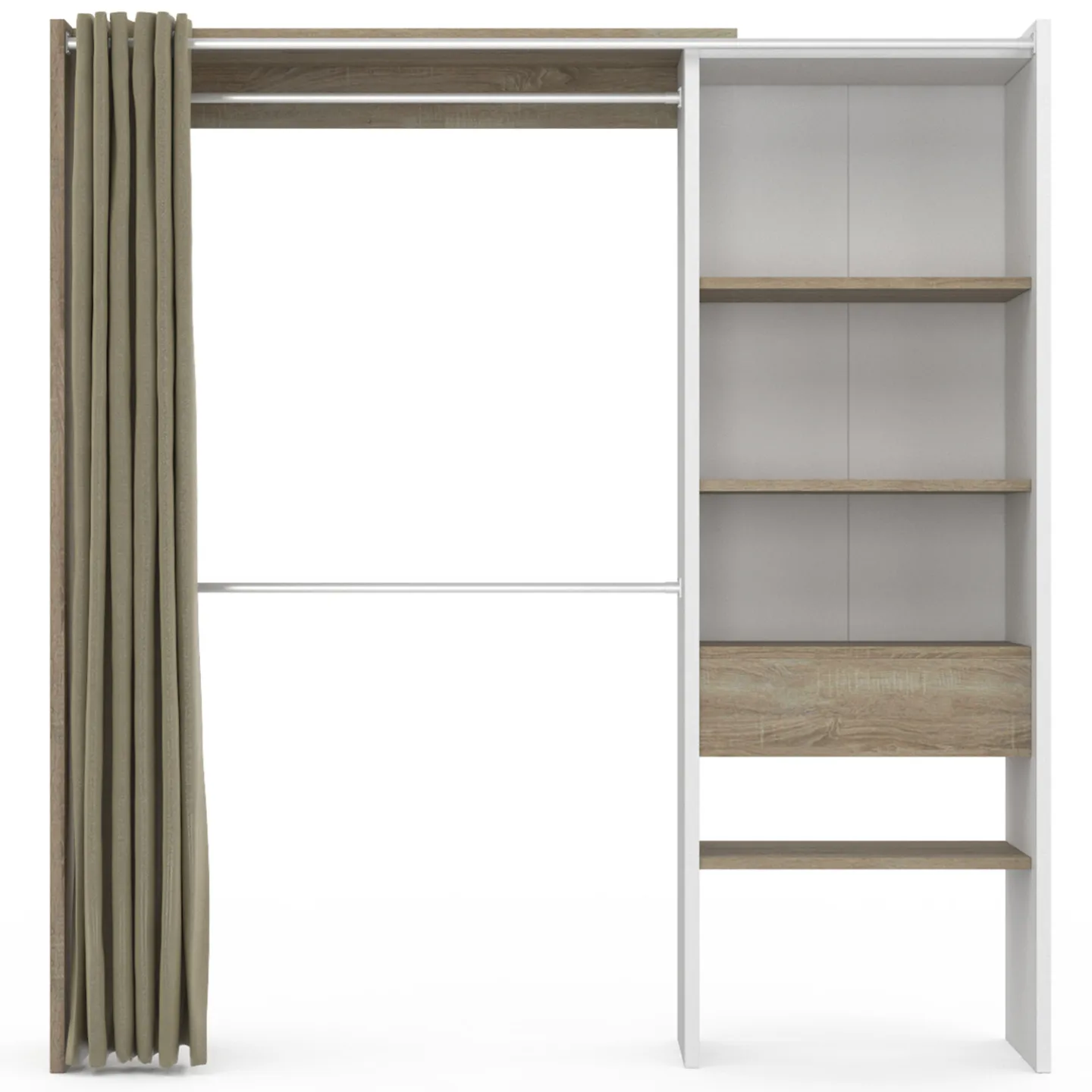 Dressing extensible MARTY 120/170 x 50 x 180 cm blanc avec étagères hêtre + double penderie + rideau taupe