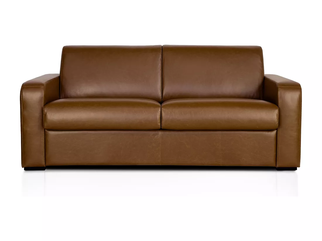 Canapé 4 places convertible express en cuir de buffle vintage caramel matelas 13 cm BEVIS