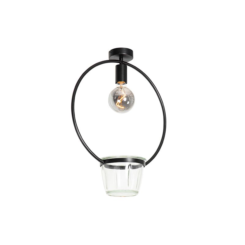 Moderne plafondlamp zwart met glas rond - Roslini