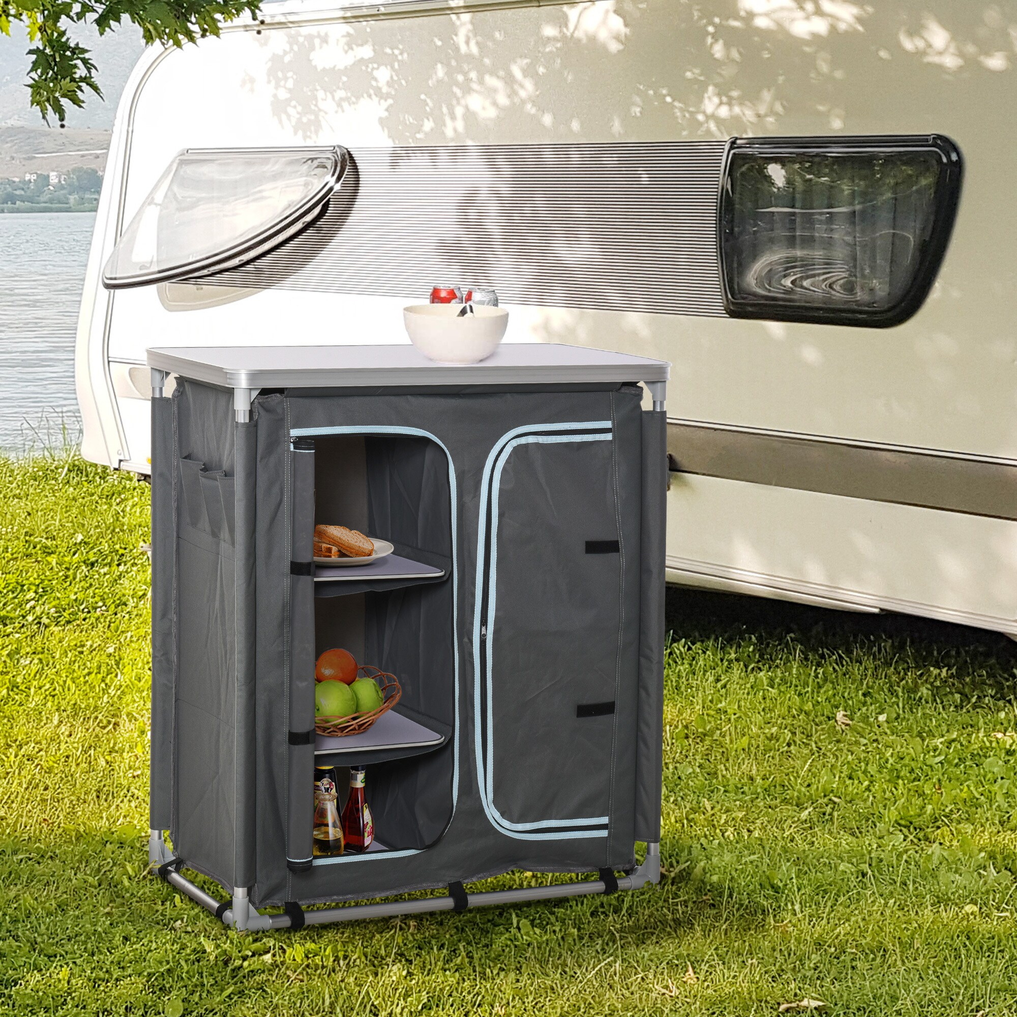 Outsunny 2in1Campingtisch mit Arbeitsplatte und Fächern grau 96 x 49,5 x 104 cm (LxBxH)
