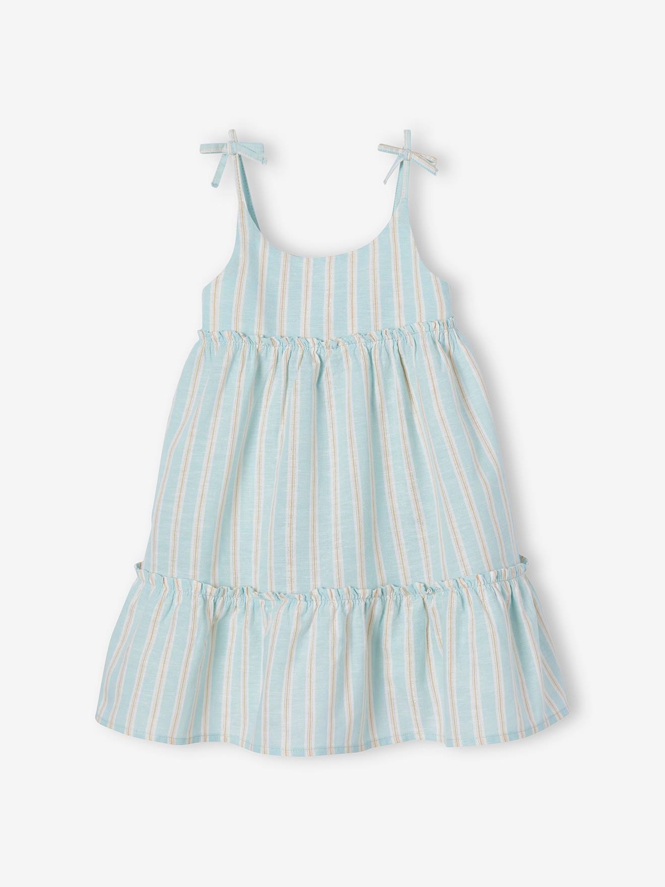 Vestido listrado azul claro com fios brilhantes e alças para meninas