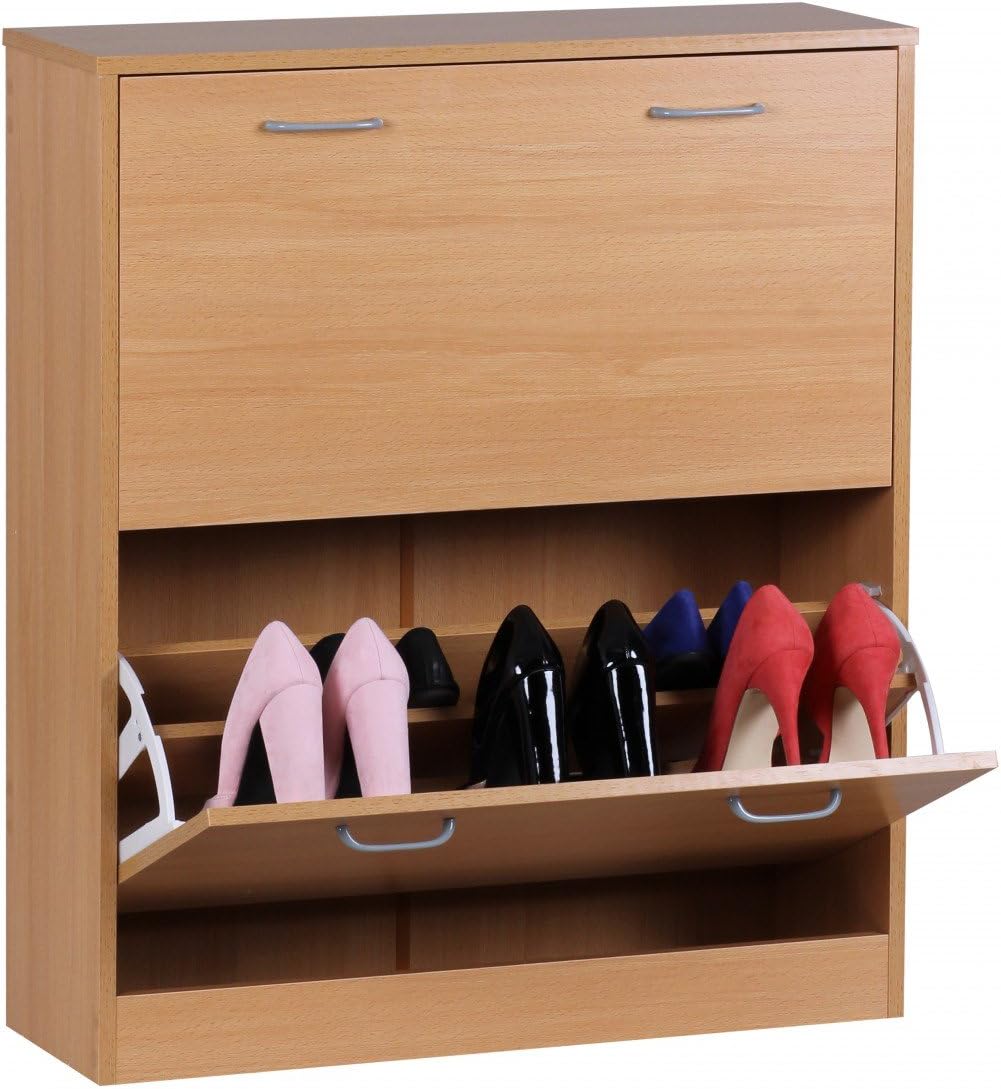 Wohnling Schuhkipper Kiel Buche matt 2 Fächer 75 x 87 x 24 cm, Design Holz-Schuhschrank zum klappen, Schuhkommode modern mit Ablage