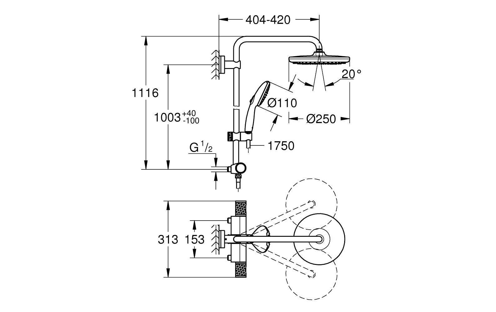 Duschsystem Vitalio Start System 250<br>Duschsystem mit Thermostatbatterie für die Wandmontage
