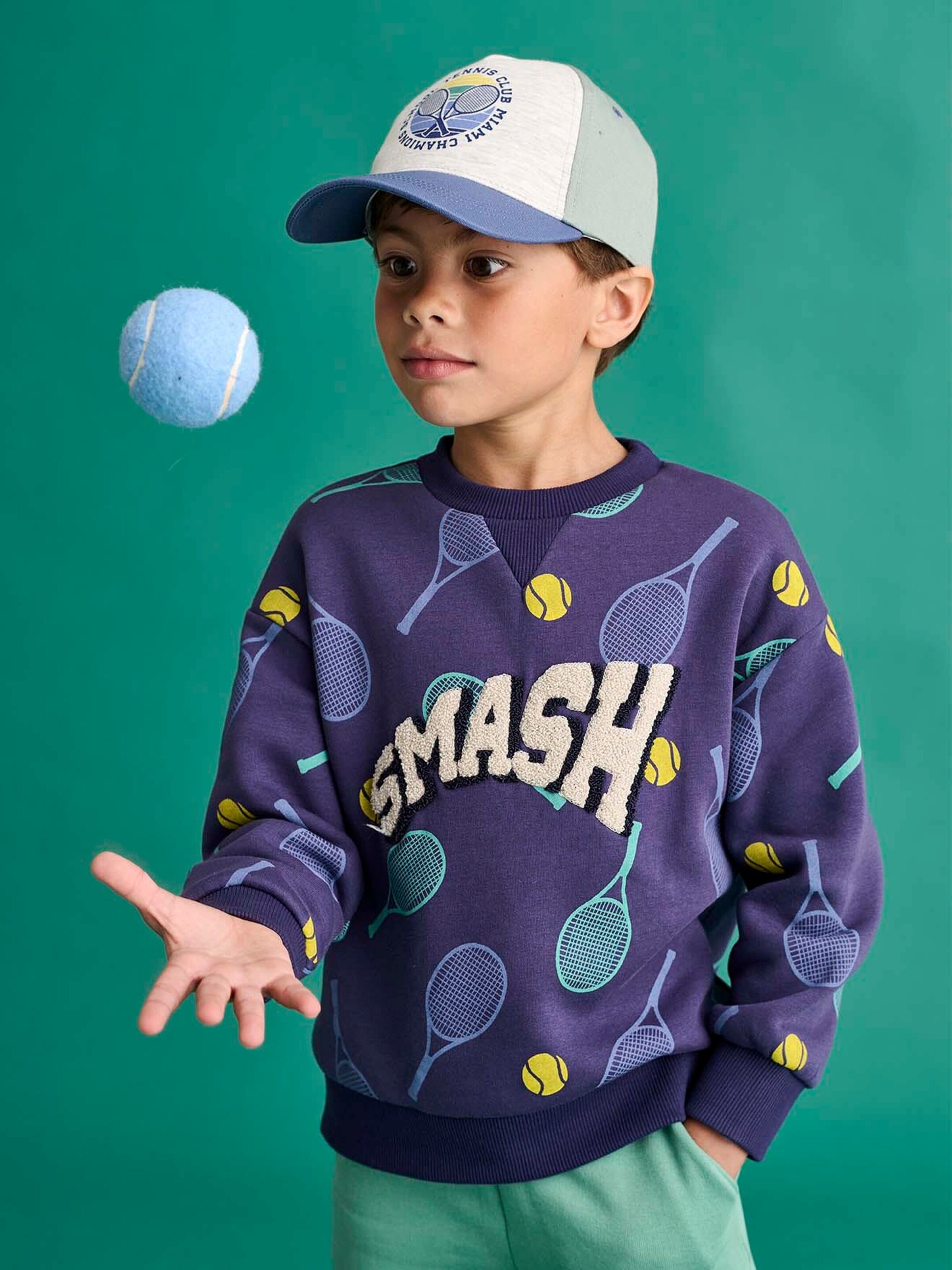 Vertbaudet Jungen Sport-Sweatshirt mit Tennis-Print und Recycling-Polyester blau gestreift