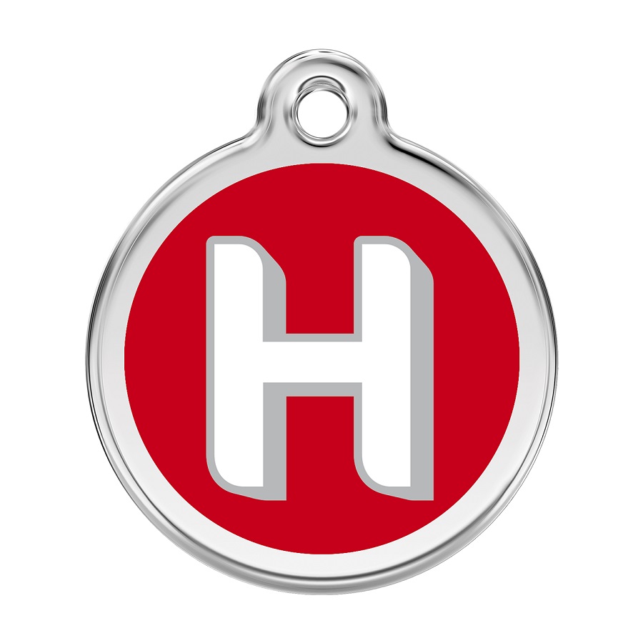 Placa de identificação para cães em aço inoxidável esmaltado com a letra H do alfabeto, vermelha.