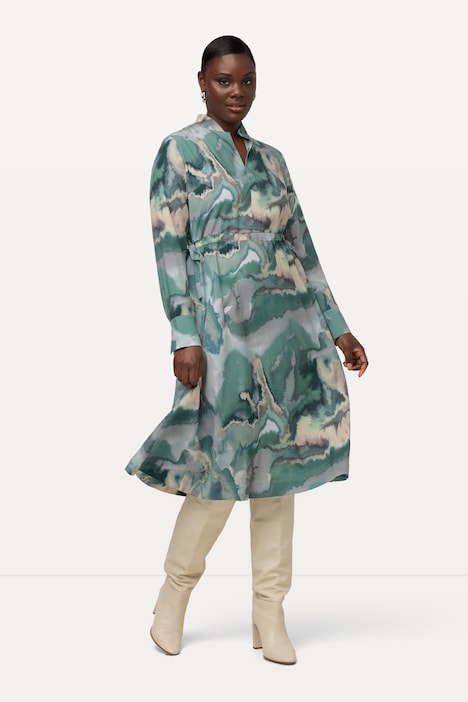 Lyocell-Midikleid, Marmor-Design, Stehkragen, Langarm