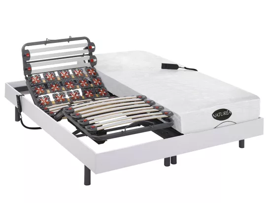 Lit électrique de relaxation lattes et plots + matelas mémoire de forme et bambou - 2 x 80 x 200 cm - Blanc - DAMYSOS de NATUREA