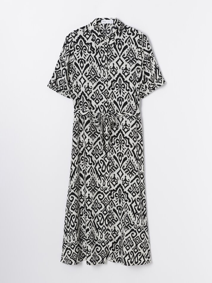 Vestido midi com cinto combinando - Preto/branco
