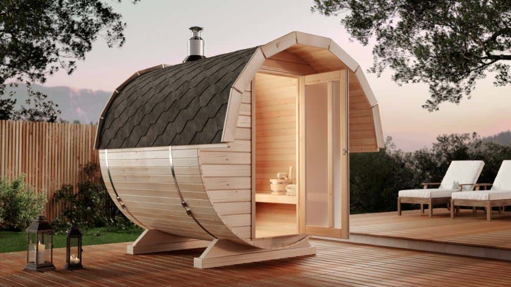 FinnTherm Samantha Barrel Sauna met 2 houten banken, wanddikte 42 mm, buitensauna met montagemateriaal, natuurlijke afwerking