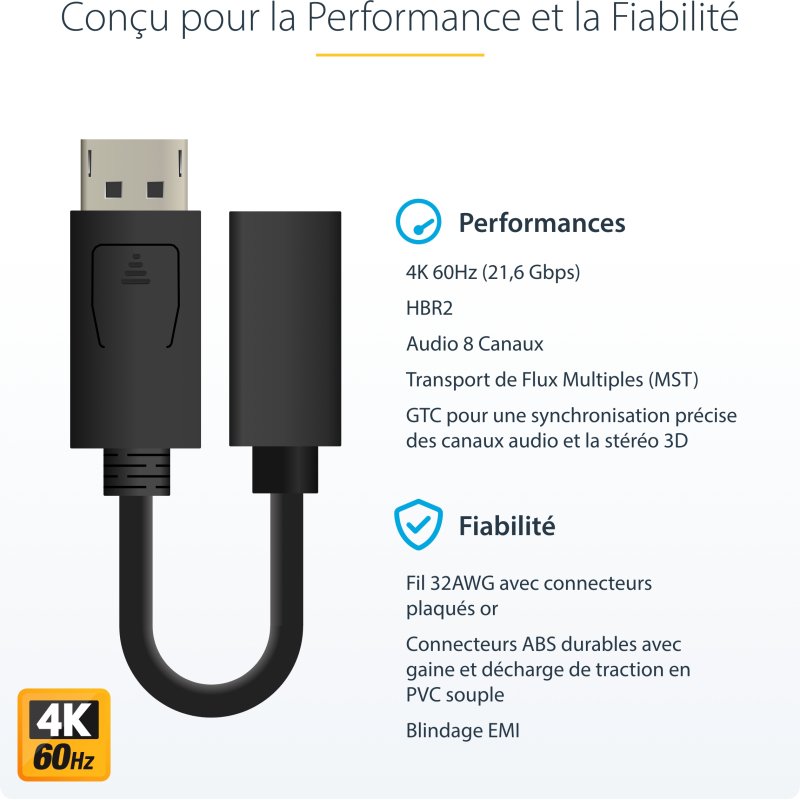 StarTech.com Câble DisplayPort vers Mini DisplayPort 15 cm - Vidéo UHD 4K x 2K - Câble Adaptateur DP Mâle vers Mini DisplayPort Femelle - Câble de Rallonge pour Ordinateur DP vers Moniteur mDP 1.2