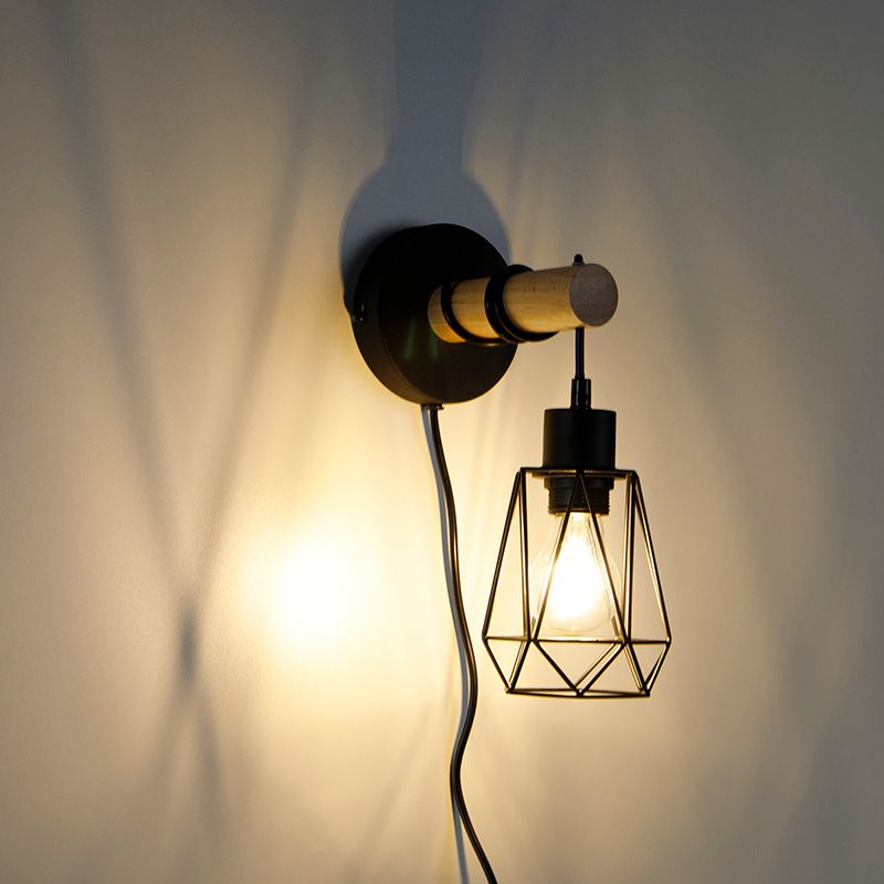 Landelijke wandlamp zwart met hout - Dami Frame