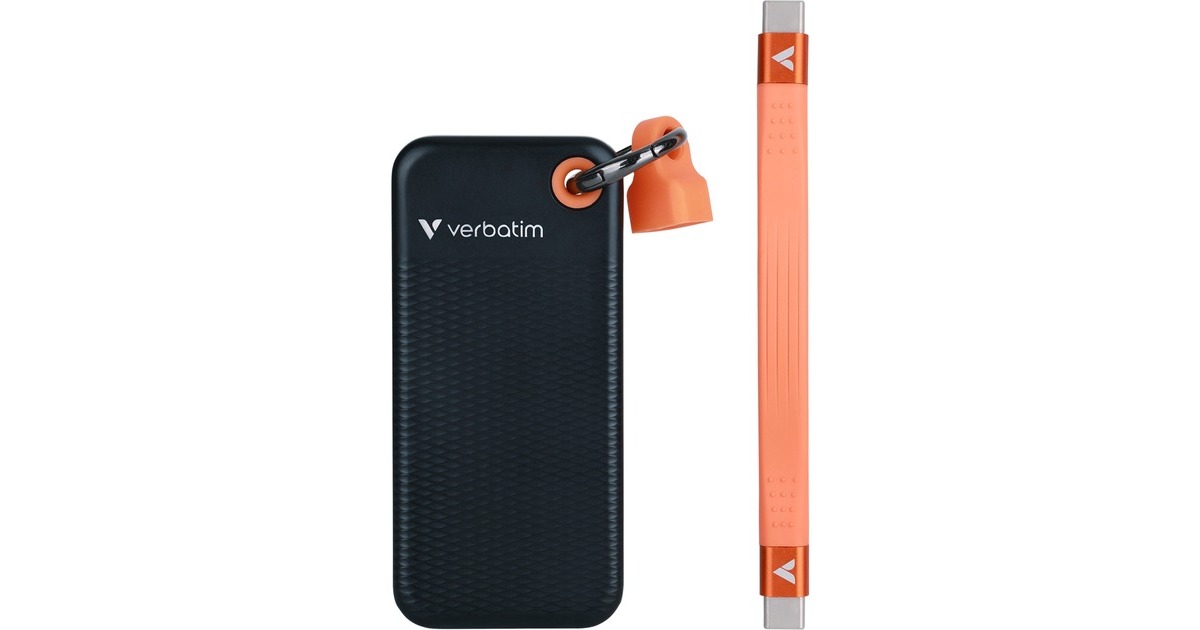 VerbatimPocket 2 TB externe SSD  (Zwart/oranje, USB-C 3.2 Gen 2 (10 Gbit/s), Incl. met sleutelhanger en kabelbevestiging)