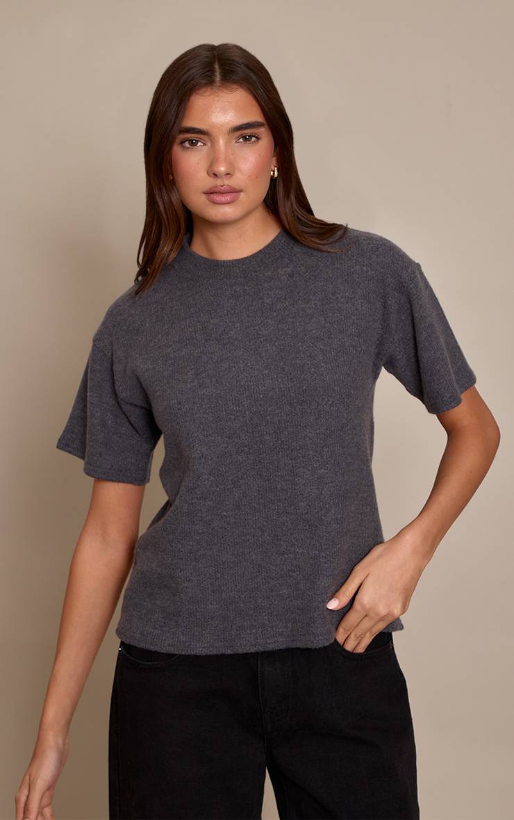 Gris Anthracite T-shirt Ample En Maille Côtelée De Laine