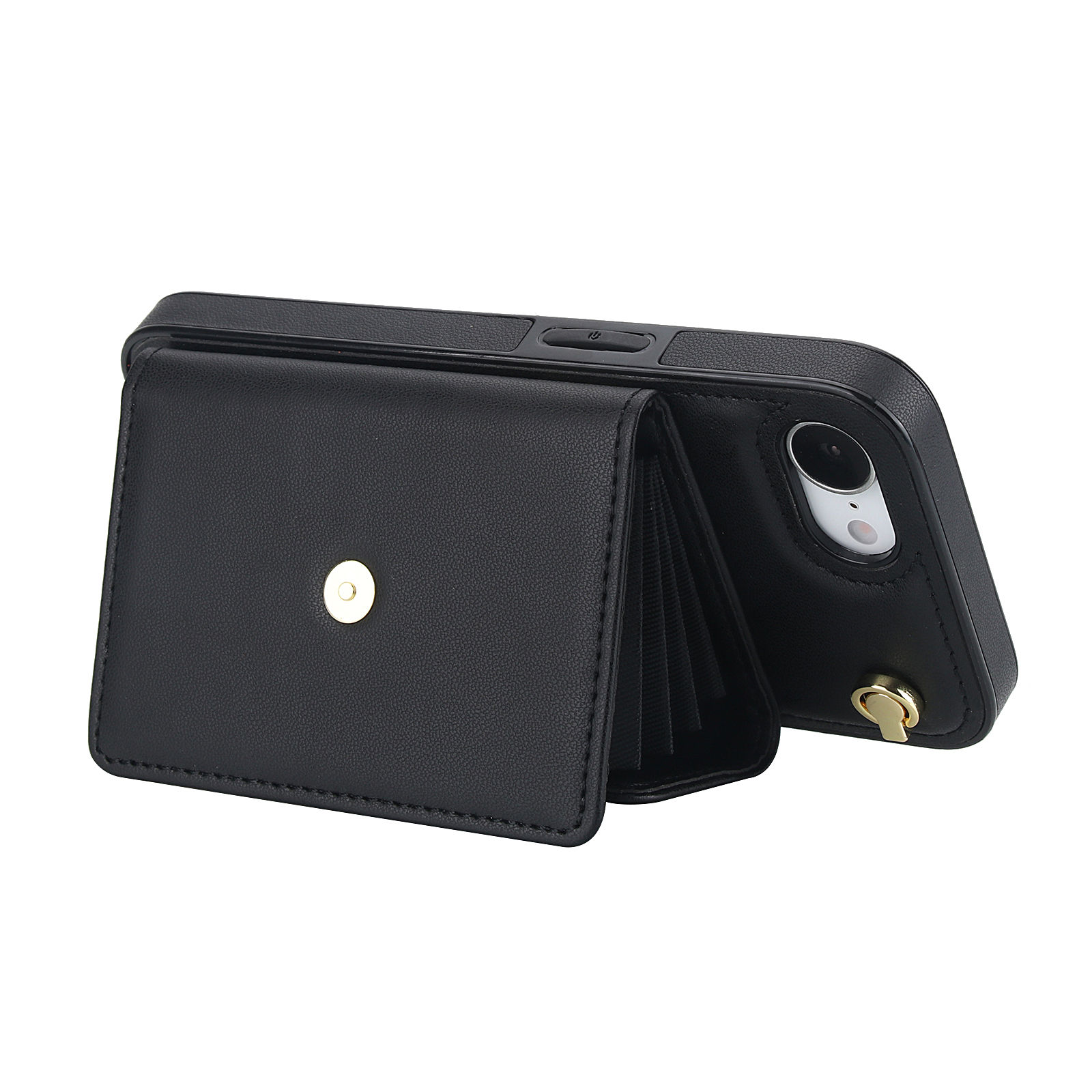 iPhone 16e Necklace Leder Schutz Hülle mit Kartenfach   Handykette (140cm) - Schwarz