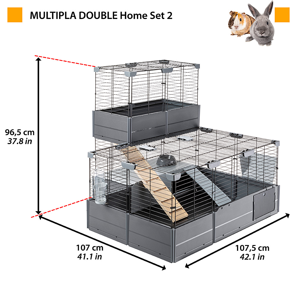 Cage modulable à deux niveaux pour lapins cochons d'inde multipla double, en grillage métallique et plastique recyclé, avec