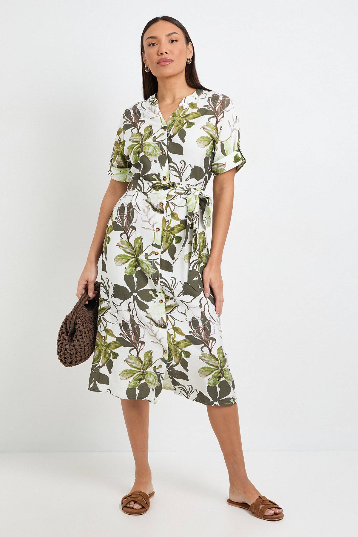 Wallis Robe Midi Estivale À Fleurs Avec Manches Retroussables