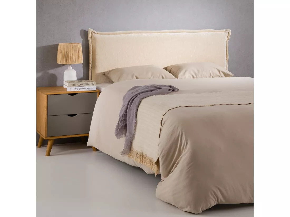 Tête de lit OVIO 160 rembourrée, En tissu polyester pour lit 160 cm, Sur pieds en bois, Blanc crème
