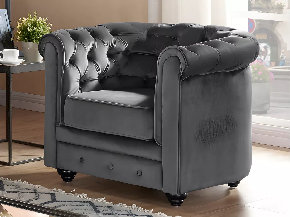 Lot de 2 Fauteuils CHESTERFIELD - Velours anthracite