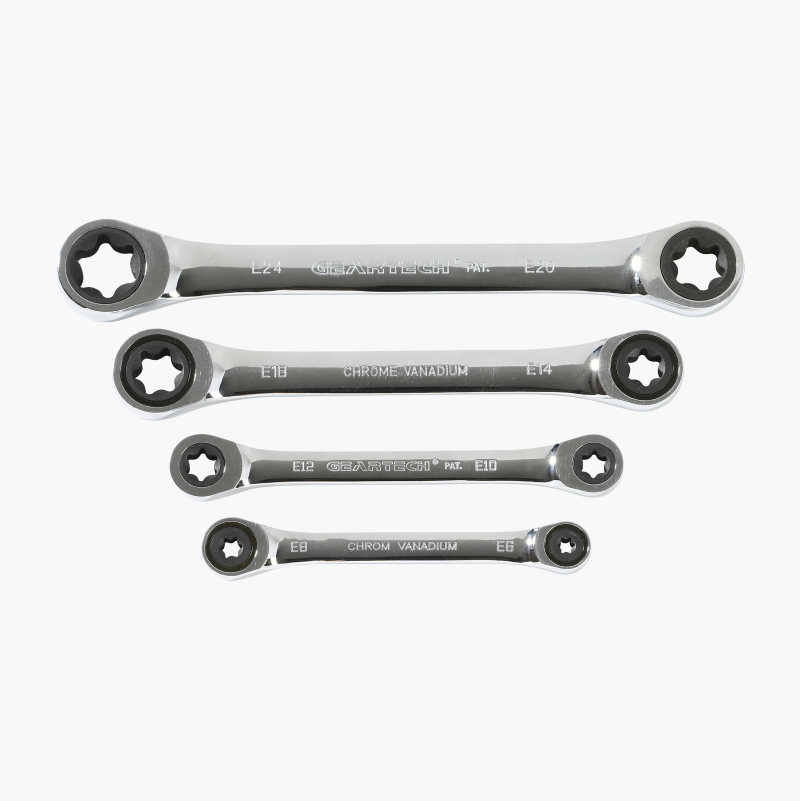 Skralleringnøkkelsett Torx, 4 stk. E6–E24