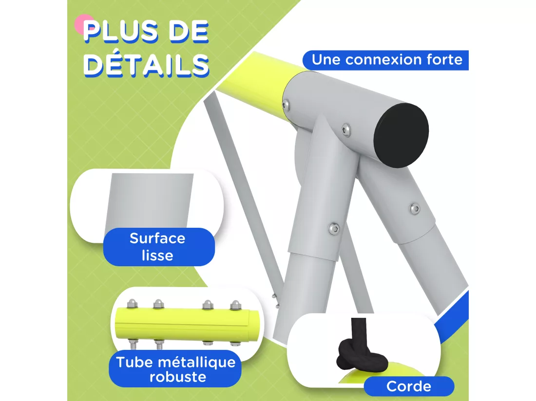 Balançoire 3 agrès portique 2 face à face et balançoire dim. 2,83L x 1,56l x 1,8H m métal époxy PE gris vert