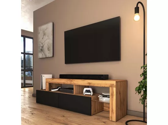 Meuble TV - 172 cm chêne wotan - façade Noir - avec LED - ASTEN