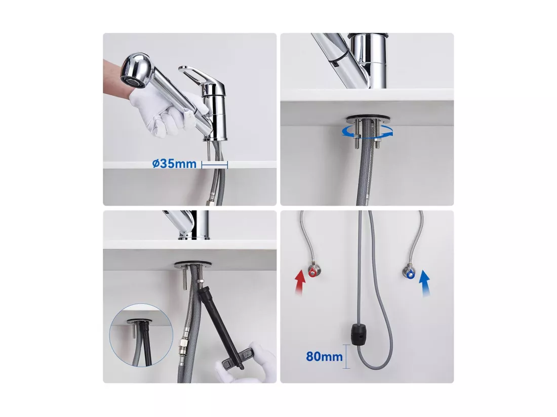 2pcs Mitigeur de Cuisine ,Chromé Extractible,Robinet Cuisine avec Douchette,Mitigeur Evier Bec Bas,Robinet Évier Rotatif 360°,Eau Froide/Chaude