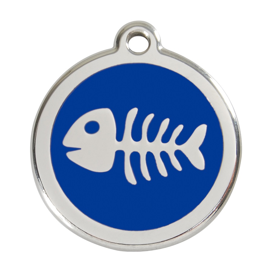 Etiqueta de identificação para cães em aço inoxidável esmaltado azul com desenho de esqueleto de peixe.