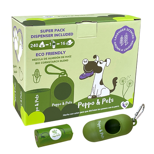 Peppo and Pets - 240 Sacos para Fezes de Cachorro à Base de Materiais Biológicos + 1 Dispensador de Bambu - Muito Duráveis - Aroma de Lavanda