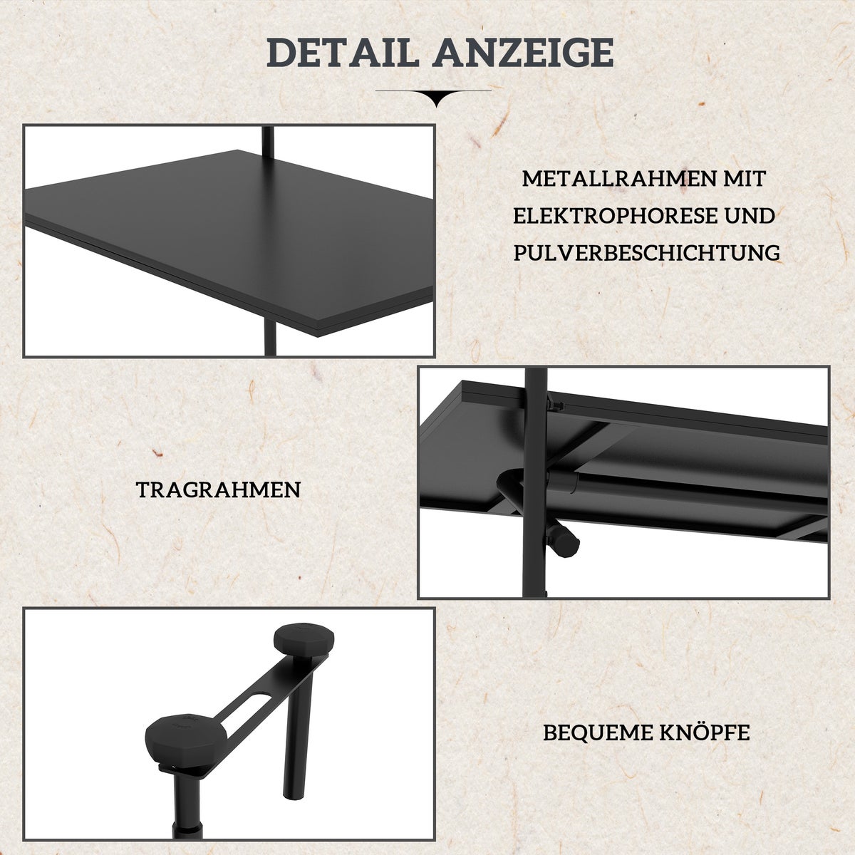 Outsunny Balkon Hangtafel, Opvouwbaar, 3-voudig in hoogte verstelbaar, Draagvermogen tot 15 kg, 62 x 60 cm, Metaal, Zwart