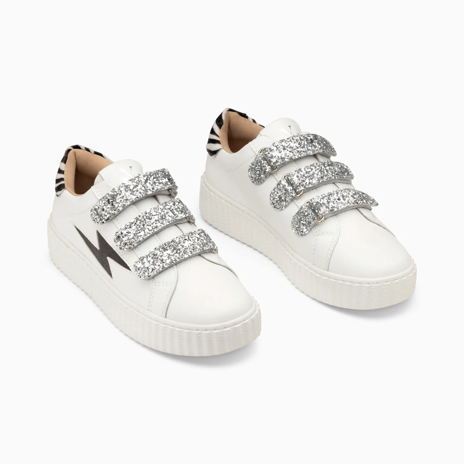 Sneakers-Baskets éclair Angela blanc et zèbre à scratchs argent