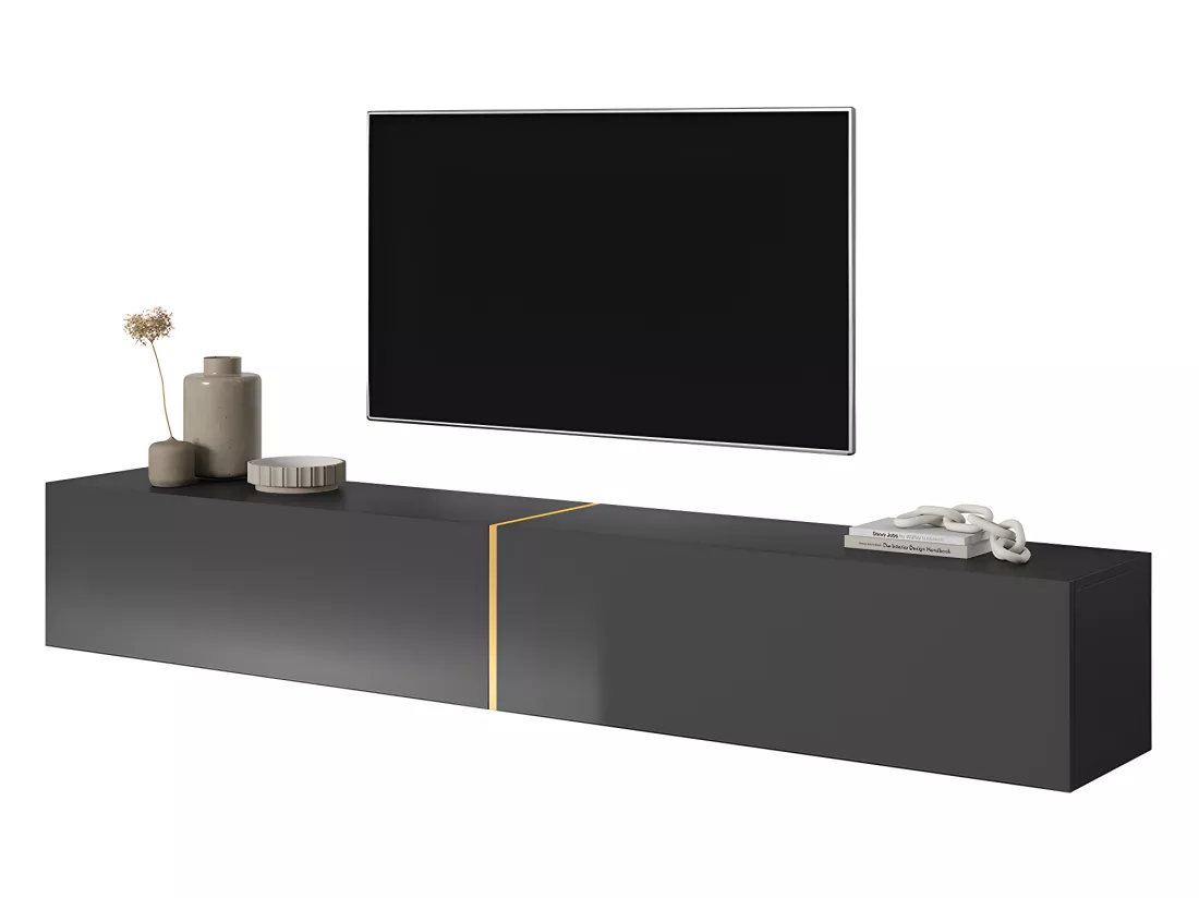 Meuble TV 200 cm - noir avec insert doré - BISIRA