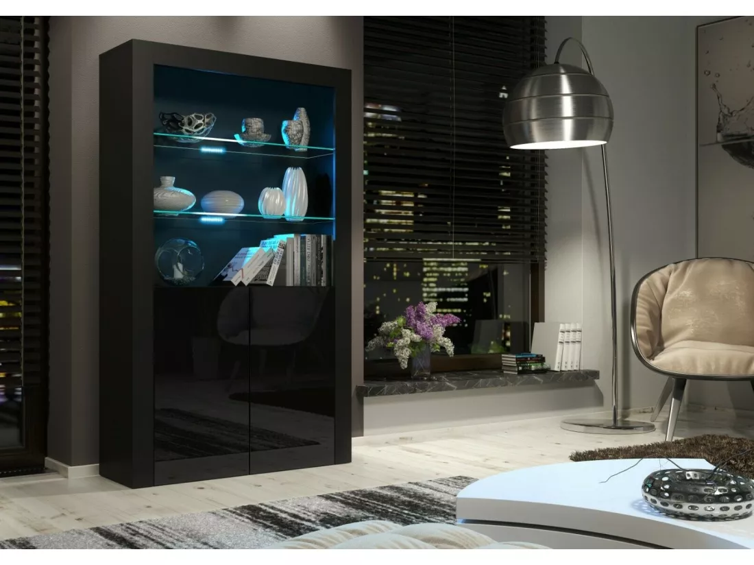 VITRINE 90 CM JIVE PORTES NOIR LAQUÉES AVEC LEDS