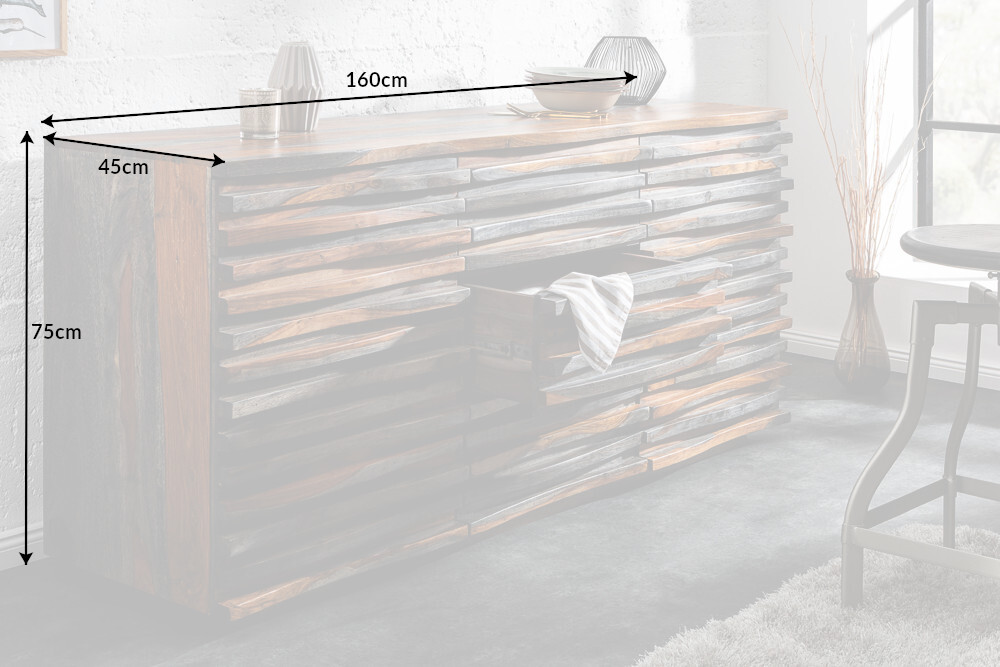 Massivholz Sideboard RELIEF 160cm Sheesham grau smoke finish Kommode mit Schubladen