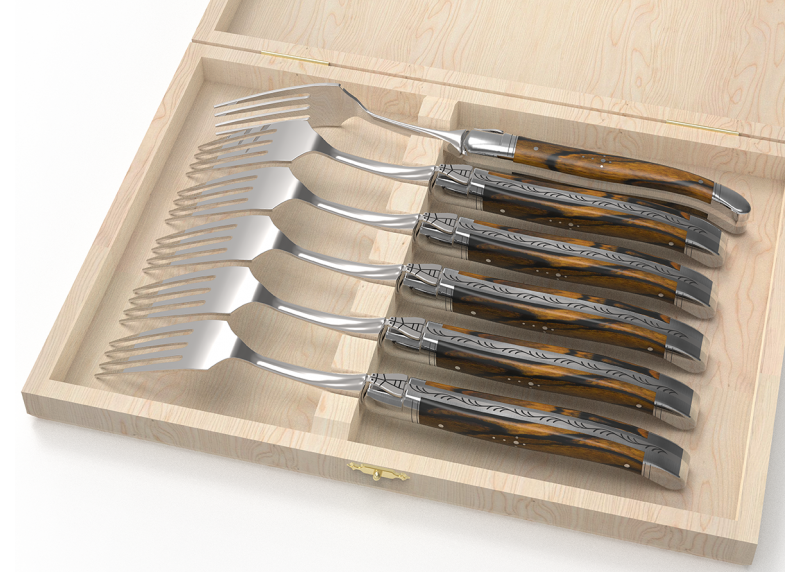 Service de 6 fourchettes Laguiole avec un manche en bois d'ébène royal et mitres en acier inoxydable