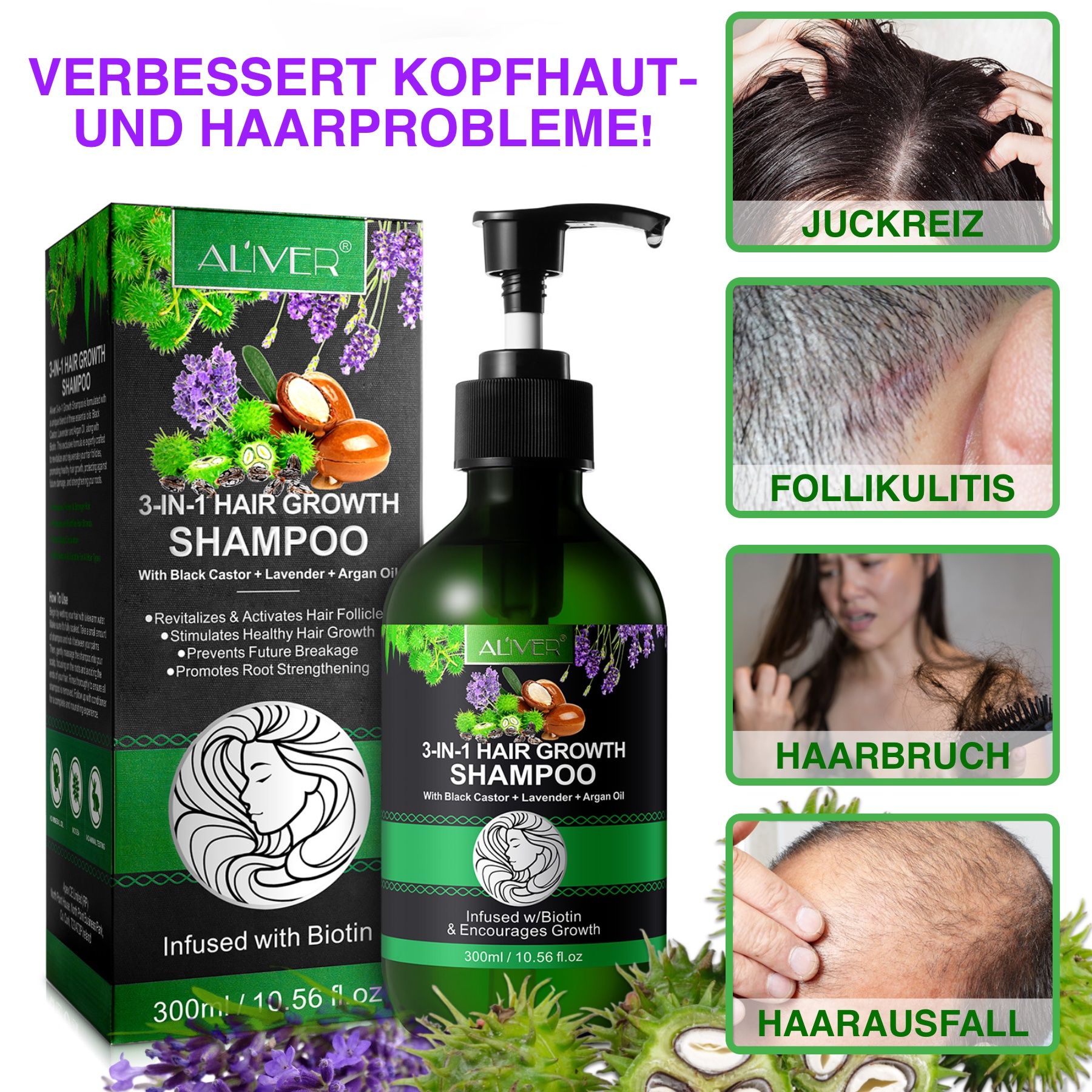 ALIVER 3-in-1 Rizinus Lavendel Argan  Haarshampoo
