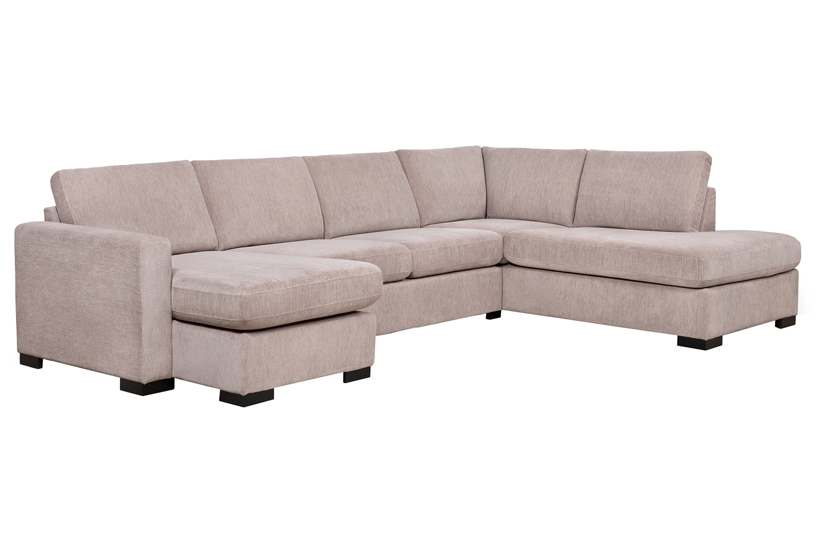Pixel U-sofa Sjeselong venstre, 2-seter, hjørne og åpen ende høyre i tekstil Daisy 01 Beige med lav front, sorte treben W02 og arm A15. Komfort 2 puter.
