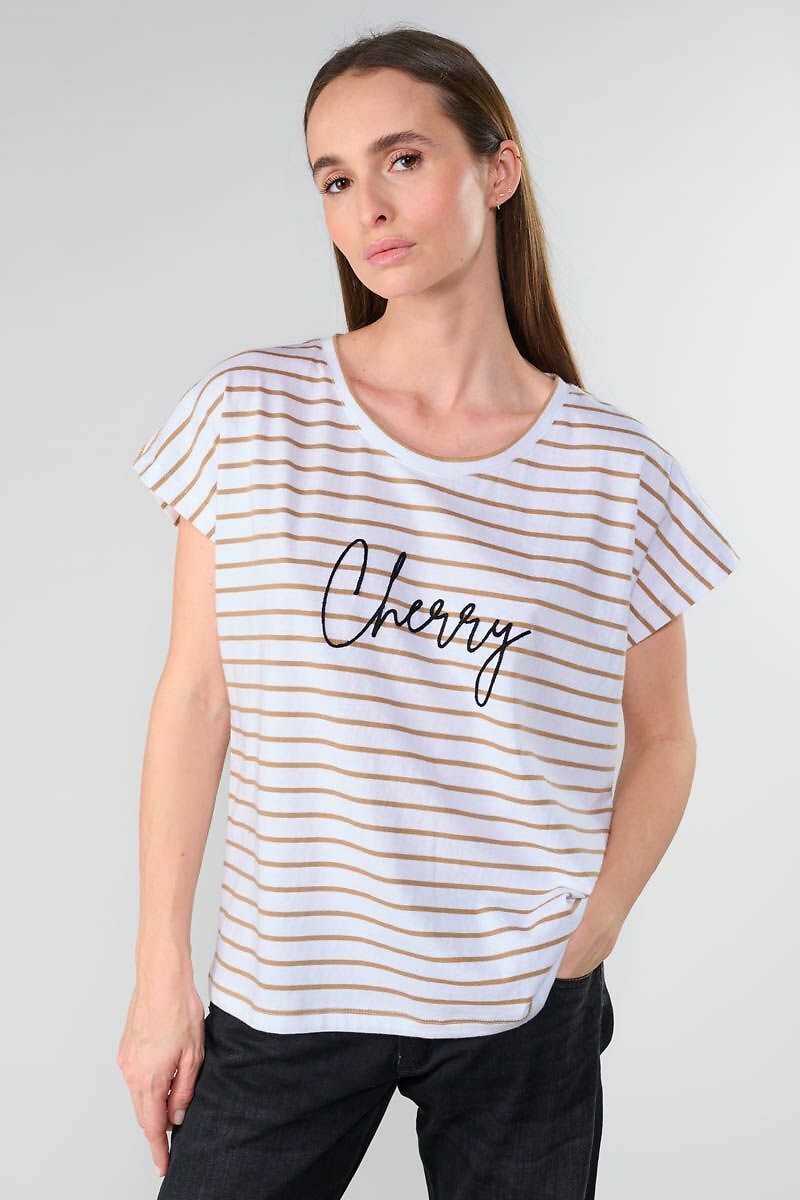 LE TEMPS DES CERISES<br>T-shirt listrada, bordado na frente
