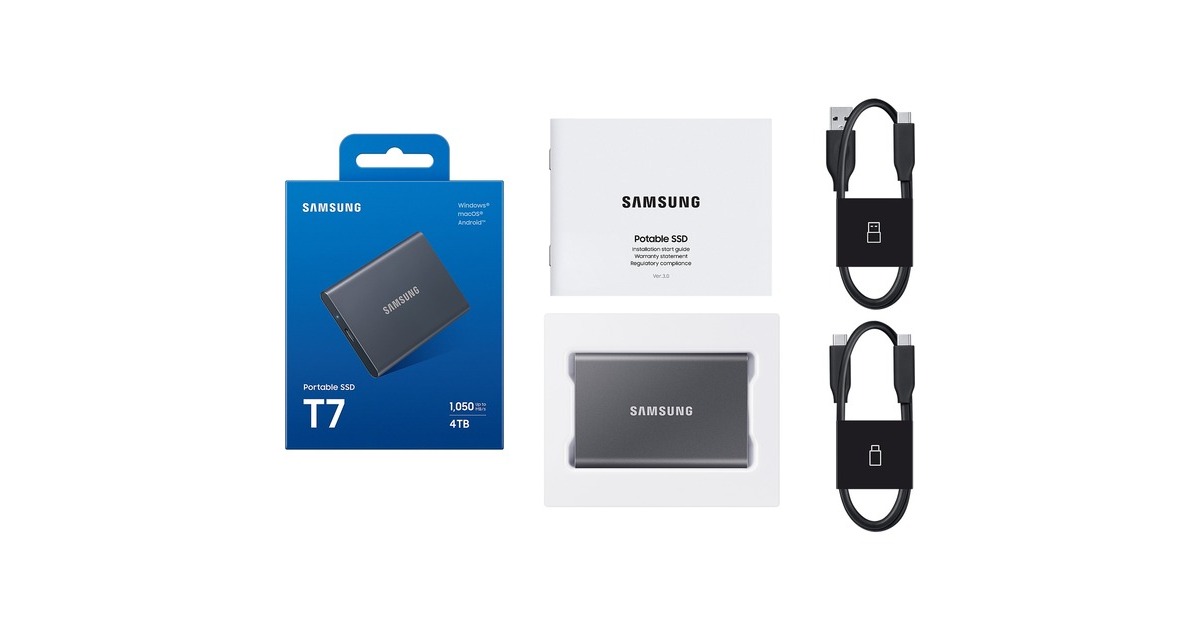 SAMSUNGPortable T7 4 TB externe SSD  (Grijs, MU-PC4T0T/WW, USB-C 3.2 (10 Gbit/s))