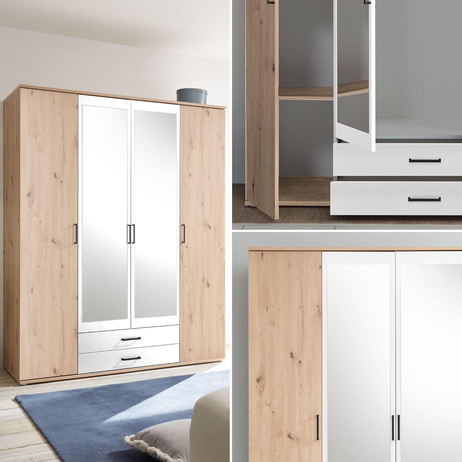 CHICAGO Eleganter Kleiderschrank mit viel Stauraum - Vielseitiger Drehtürenschrank in Artisan Eiche Optik und Absetzungen in Weiß - 159 x 197 x 54 cm (B/H/T)