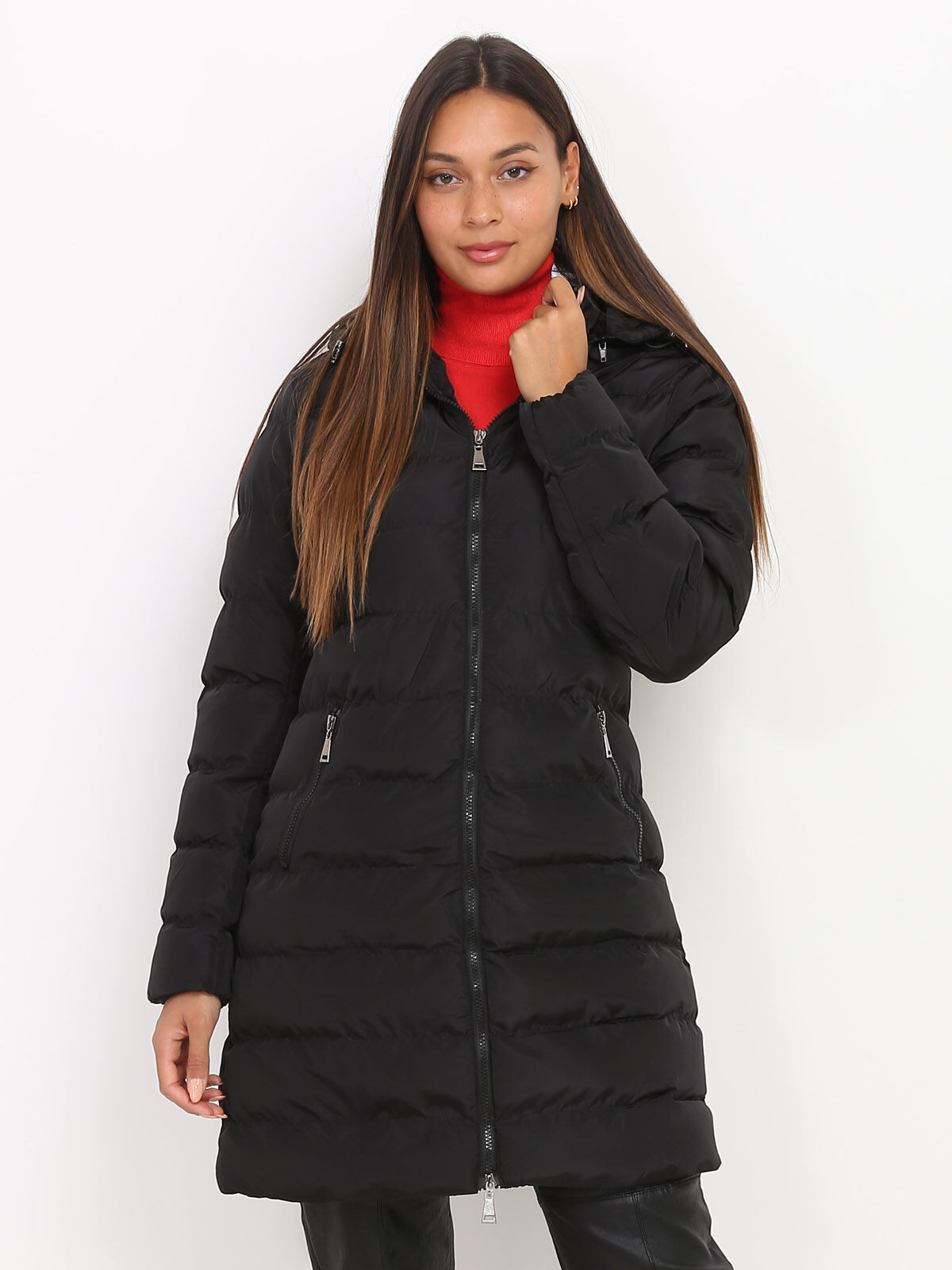 Manteau mi-long matelassé à capuche- Noir