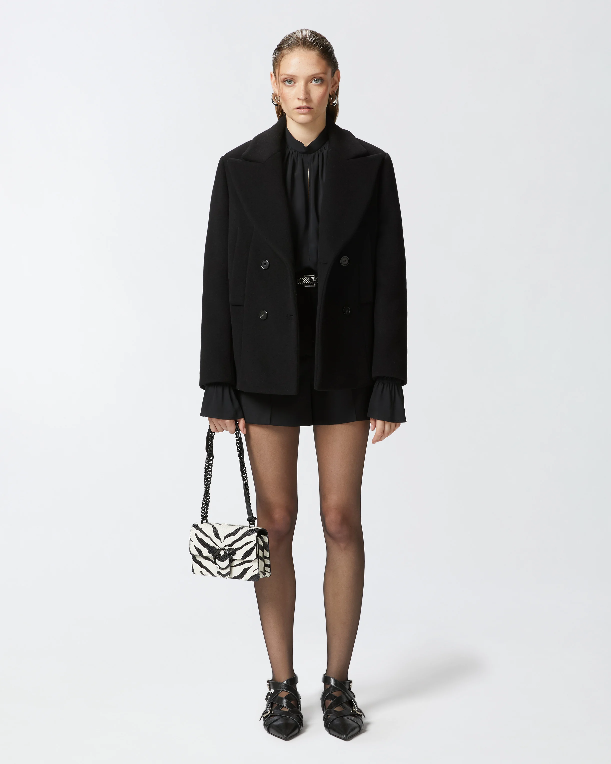 Blouse mélangée à manches volantées | Noir