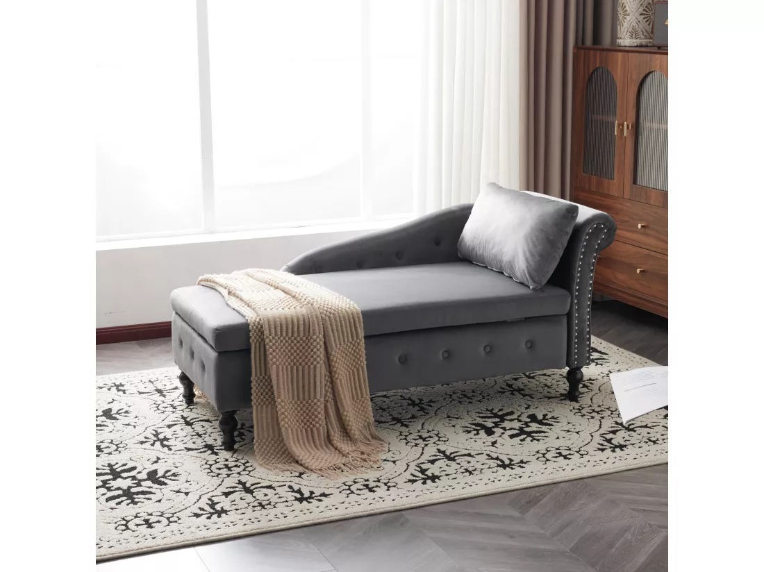 Chaiselongue en Velours avec Rangement, Canapé Moderne avec Coussins, Fauteuil Longue Durée avec Clous et Couture Boutonnée, pour Salon