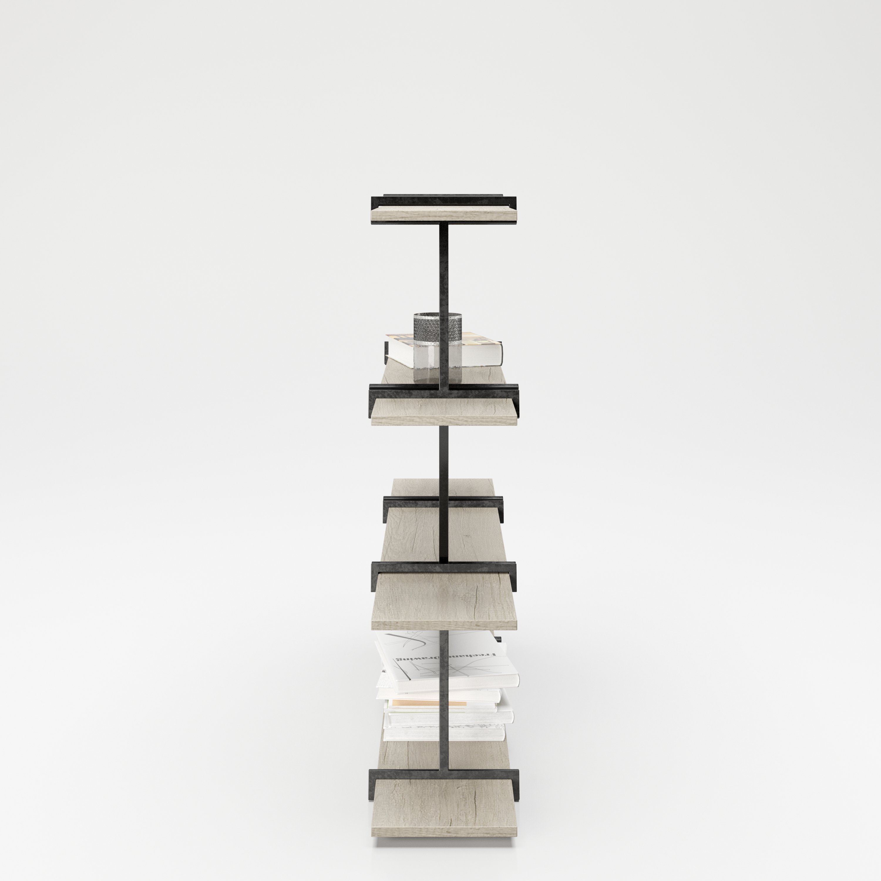 Babylon - Regal, Raumteiler, Bücherregal mit 4 Böden, Wild Eiche kombiniert mit schwarz matten Metallkomponenten, modernes Industrial Design