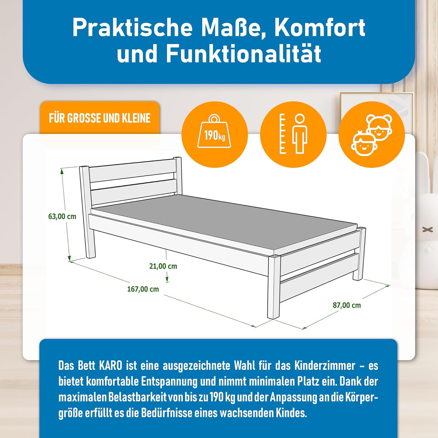 Kinderbett 80x160 cm mit Lattenrost - Einzelbett aus Kiefer Massivholz - Kinder Bett Montessori – Jugendbett Unlackiert – Tagesbett ohne Matratze