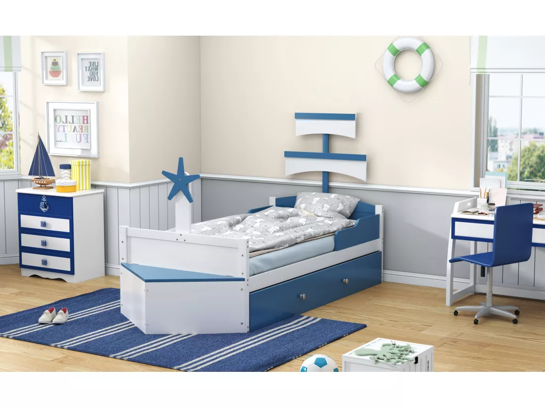 Lit gigogne 90 x 200 cm + 90 x 190 cm avec placard de rangement - Bois MDF - Bleu (sans matelas)