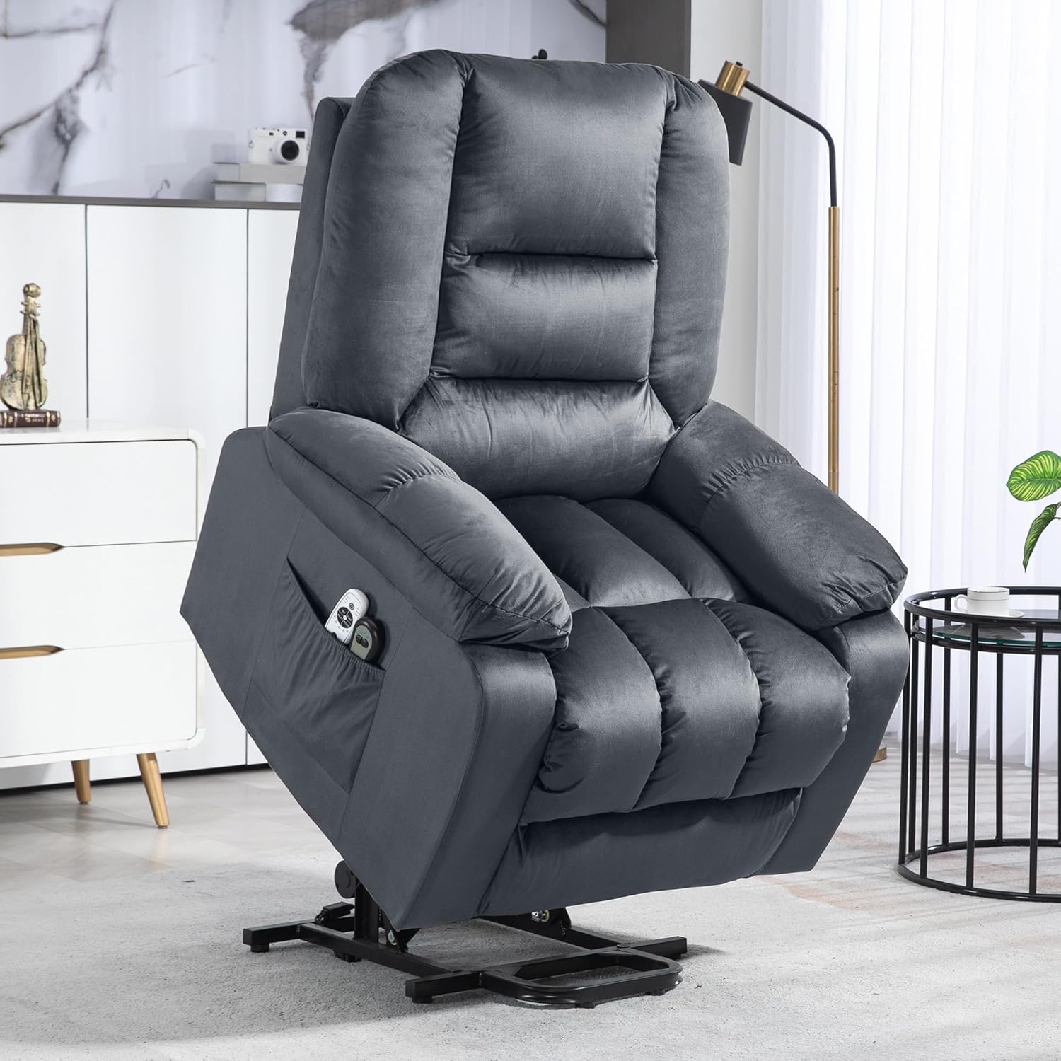 HOMCOM Fernsehsessel mit Aufstehhilfe Elektrisch Relaxsessel mit Wärmefunktion, Massagefunktion, Liegefunktion Massagesessel mit Fernbedienung, Fußteil, Seitentasche TV Sessel für Wohnzimmer Grau