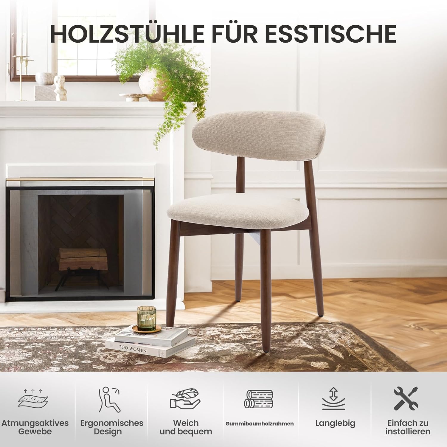 COLAMY Küchenstuhl Esszimmerstühle 6er Set, Moderne Polsterstuhl Essstühle mit Fester Rückenlehne, Stoff Esszimmerstühl mit Holzbein für Esszimmer, Küche, Restaurant, Beige