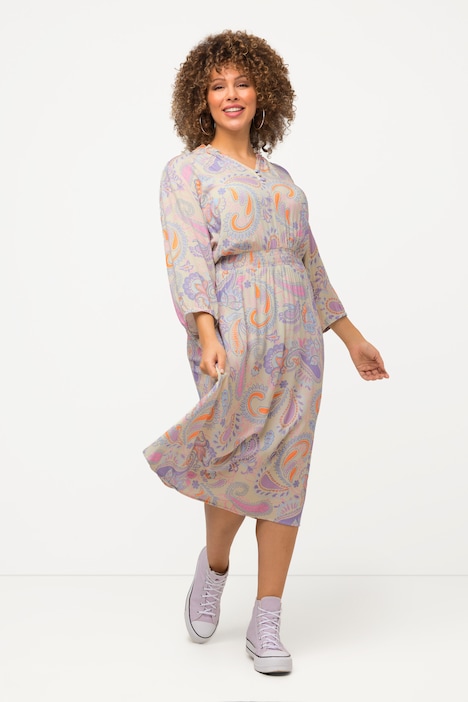 Kleid, Paisley, A-Linie, Stehkragen, 3/4-Arm